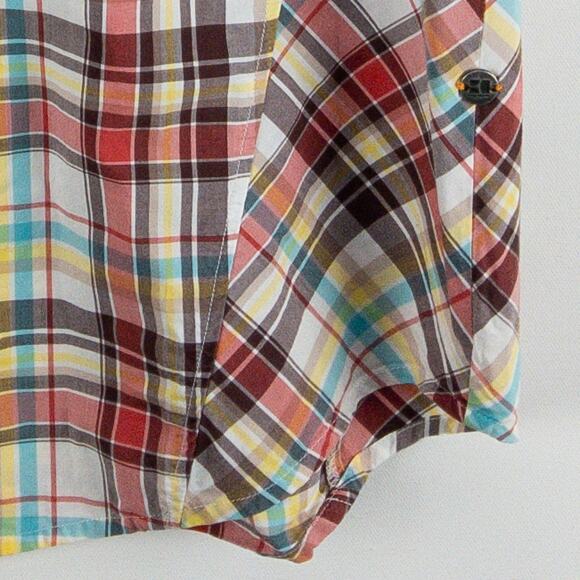 Boss Orange Plaid Men's Medium Button Up Short Sleeve Red White Brown Logo - Picture 5 of 12